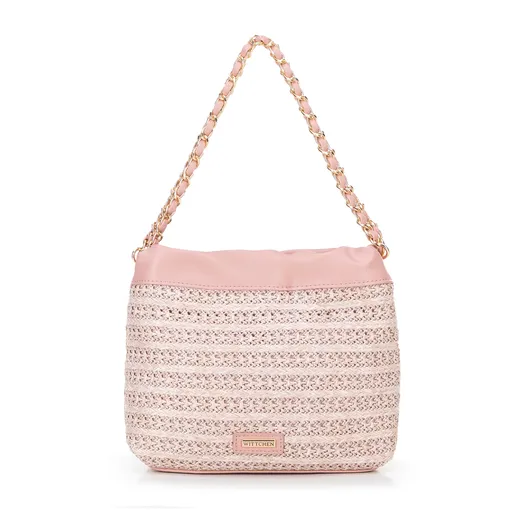 Pletená crossbody kabelka s retiazkami ružová