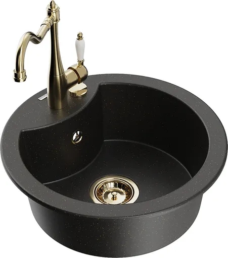 MEXEN/S MEXEN/S - Diego granitový drez 1-miska vrátane batérie Carla, čierna/zlatá metalik 6512-75-670700-50