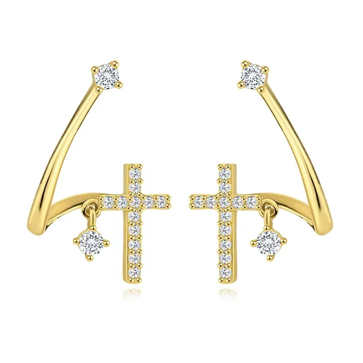 Zlaté náušnice 585 - lesklá zahnutá línia, trblietavý krížik a číre zirkóny