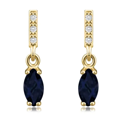 Náušnice v 14K žltom zlate - prúžok s čírymi zirkónmi, modré zrnko