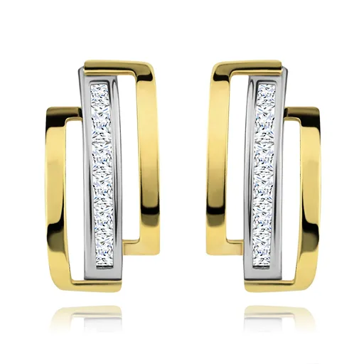 Zlaté 9K náušnice s dvojfarebnými polkruhmi a čírymi zirkónmi