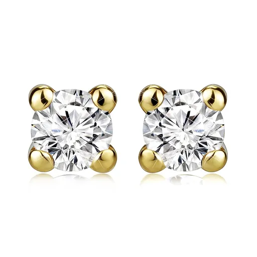 Náušnice v žltom 14K zlate - okrúhly číry zirkón, puzetové zapínanie