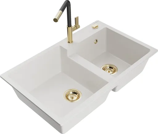 MEXEN/S MEXEN/S - Tomas granitový drez 2-bowl vrátane batérie Flora, biela 6516-20-670401-57-G