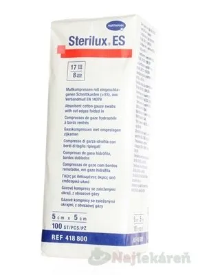 Sterilux ES kompres nesterilný 17 vlákien 8 vrstiev 5 cm x 5 cm 100 ks