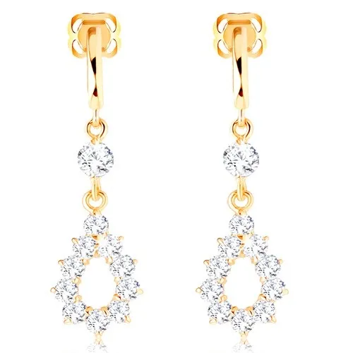 Náušnice zo žltého 14K zlata - visiaci obrys slzy z čírych zirkónov, puzetky