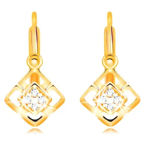 Zlaté náušnice 585 - štvorec zdobený výrezmi a čírymi zirkónmi