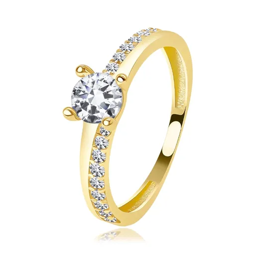 Zlatý prsteň 14K zo žltého zlata s vyvýšeným zirkónom a delenými ramenami - Veľkosť: 52 mm