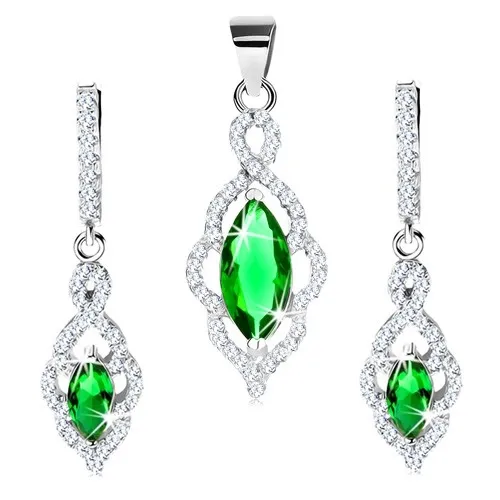 Strieborný set 925 - náušnice a prívesok, obrys lístka so zeleným zirkónom
