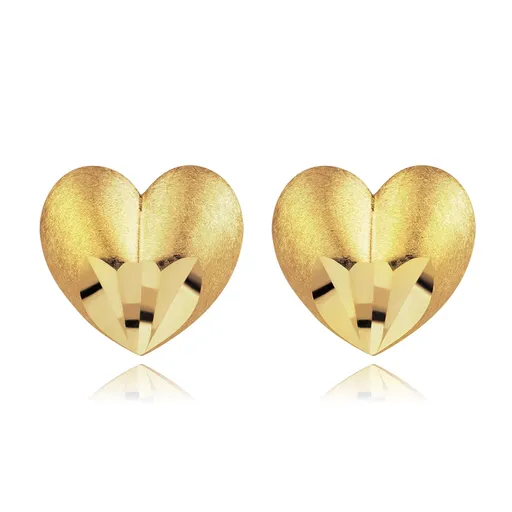 Náušnice zo žltého 9K zlata - vypuklé štruktúrované srdce, skosený cíp