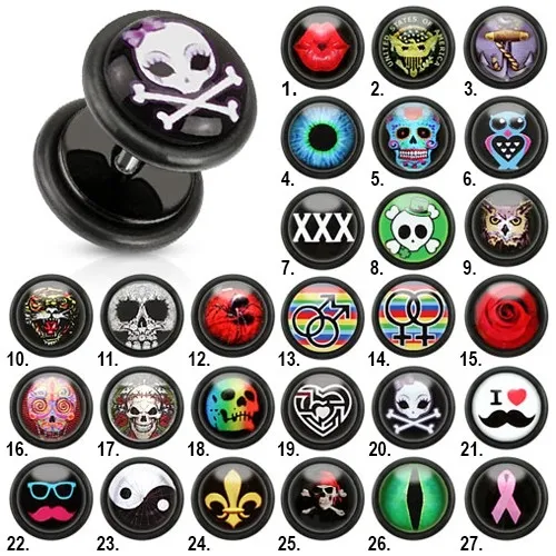 Fake plug do ucha z akrylu, lesklé čierne kolieska, rôzne motívy - Symbol: FP01