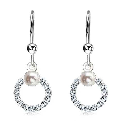 Náušnice zo striebra 925, číra zirkónová obruč s bielou perlou