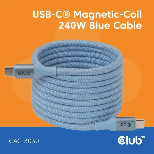 Club3D Kábel magnetický USB-C, 240W PD3.1, 480 Mbps, 2m, modrá