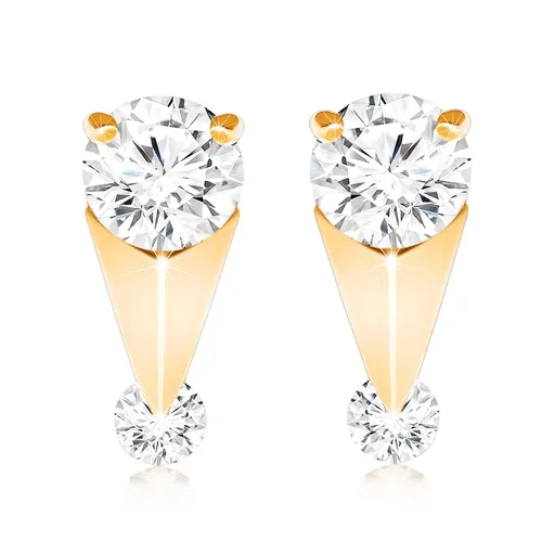 Zlaté náušnice 9K dva číre zirkóny s ihlanom
