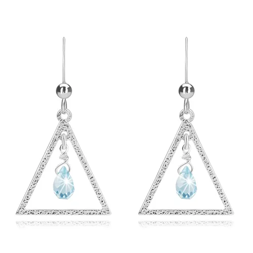 Strieborné 925 náušnice, visiace - svetlomodrá kvapka, trojuholník, africký háčik