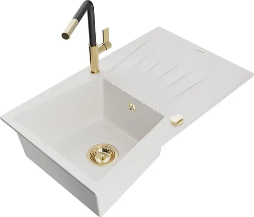 MEXEN/S MEXEN/S - Cesar granitový drez 1-miska s odkvapkávačom vrátane batérie Flora, biela 6514-20-670401-57-G