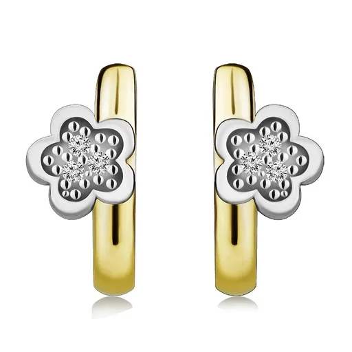 Puzetové náušnice z kombinovaného 9K zlata - oblúk, kvietok so zirkónmi