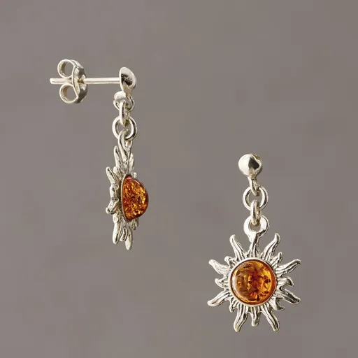 Strieborné náušnice s jantárom slnko