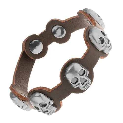 Kožený náramok tmavohnedej farby, matné patinované lebky z ocele