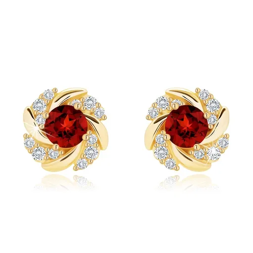 Náušnice zo žltého zlata 14K kvet s granátom a zirkónmi