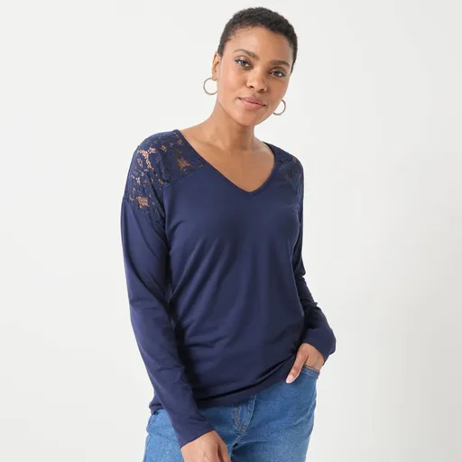 Tričko s výstrihom do V, dlhými rukávmi a čipkou