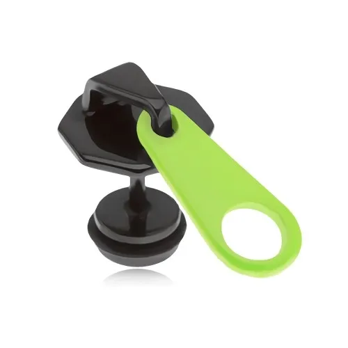 Čierny fake plug do ucha z ocele, zips, neónovožltý jazýček, PVD