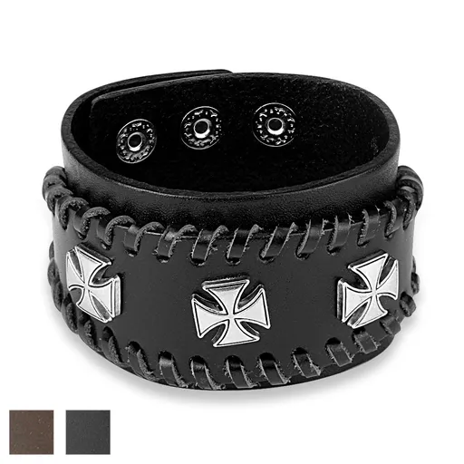 Vybíjaný kožený náramok - Maltézsky kríž striebornej farby  - Farba: Čierna