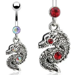 Piercing do pupku - skrútený had so zirkónmi - Farba zirkónu: Červená - R