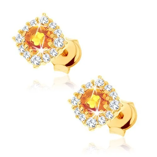 Zlaté náušnice 14K s okrúhlym citrínom a čírym zirkónovým lemom