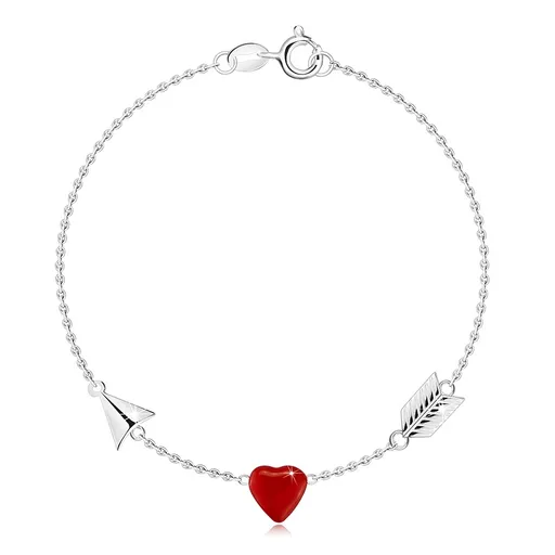 Strieborný náramok 925 - Amorov šíp, srdce červenej farby