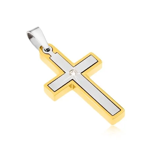 Prívesok z ocele, krížik zlatej a striebornej farby, číry zirkón