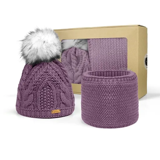 Bontis Darčekové balenie: Dámska čiapka s brmbolcom a nákrčník - Púdrovo fialková