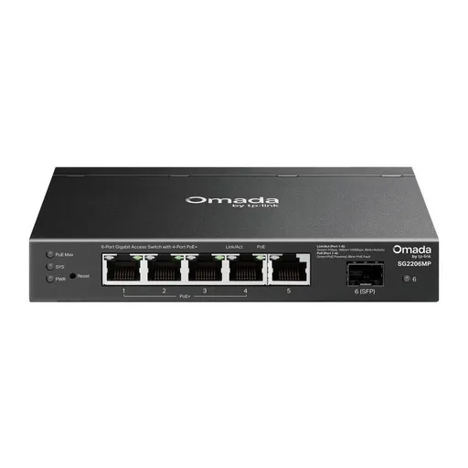 TP-Link OMADA switch SG2206MP (5xGbE, 1xSFP, 4xPoE+, 63W, fanless)