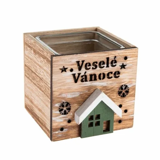 Drevený svietnik so sklom Veselé Vianoce, 9 x 8,5cm, prírodný