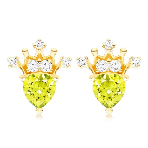 Zlaté náušnice 9K s olivínom v tvare srdca a korunkou so zirkónmi