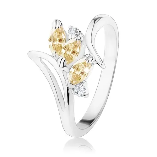 Prsteň so zahnutými ramenami a výrezom, oranžové zrnká, číre zirkóny - Veľkosť: 51 mm