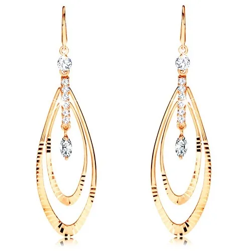 Náušnice zo žltého 14K zlata - zvislá línia čírych zirkónov, dvojitý obrys slzy