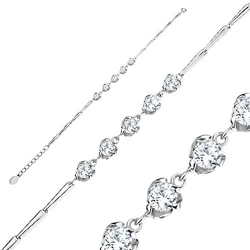 Strieborný náramok 925, nastaviteľný, lesklé články, číre zirkóny v lístočku