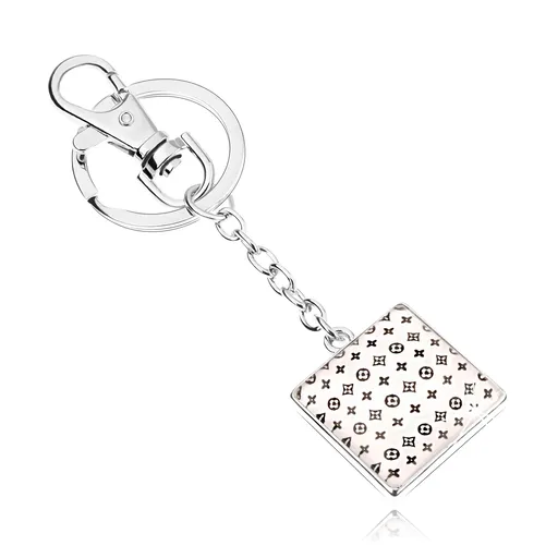 Prívesok na kľúče kabošon, štvorec s glazúrou, drobný vzor na bielom podklade