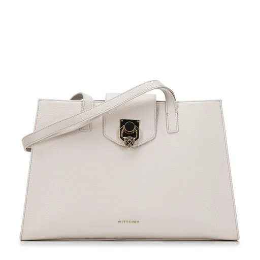 Kožená shopperka s ozdobnou prackou krémová