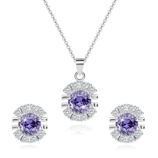 Dvojdielna sada zo striebra 925 - náušnice a prívesok s fialovým zirkónom lemovaným líniou čírych zirkónov
