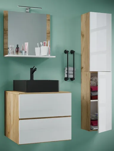 VCM 4dílná umyvadlová skříňka Lendas BL L se zrcadlem 60 cm + vysoká skříňka, dub medový