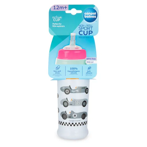 CANPOL BABIES Fľaša športová s nevylievacou slamkou AUTÁ svetlomodrá 350 ml