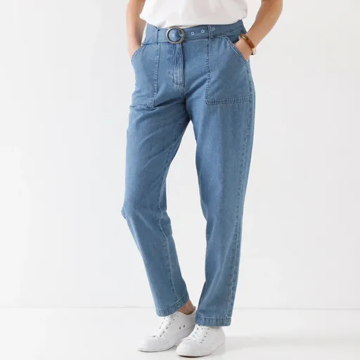 Rovné nohavice s opaskom na kovovú sponu, denimové