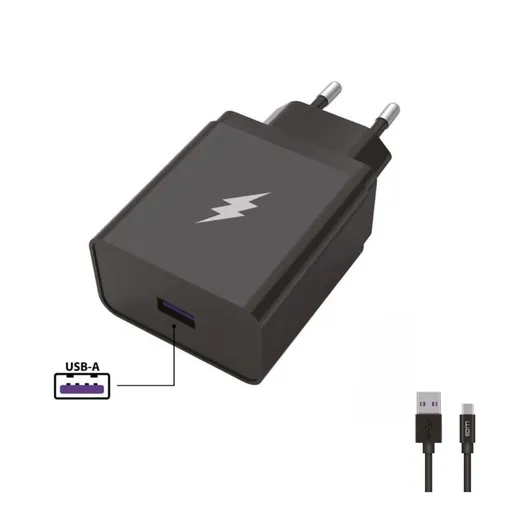 WG - Sieťová nabíjačka 1x USB-A 22, 5W, SuperCharge, 5V-9V-12V, + kábel USB-A na Type-C (5A), čierna