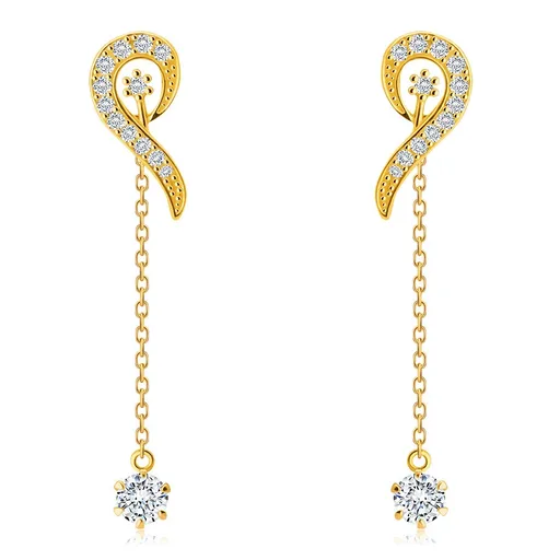 Zlaté 9K náušnice - línia slučky vykladaná zirkónikmi, krátka retiazka so zirkónom v kotlíku