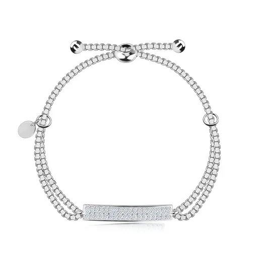 Nastaviteľný 925 strieborný náramok - obdĺžnik s čírymi zirkónmi, plochý ovál