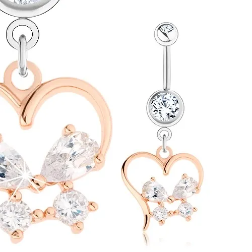 Oceľový piercing, strieborný a zlatý odtieň, obrys srdca, zirkónový motýlik