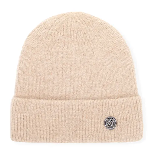 Dámska béžová čiapka z nadýchanej pleteniny s vyhrnutým lemom a kovovým logom „W“ 101-HF-202-9