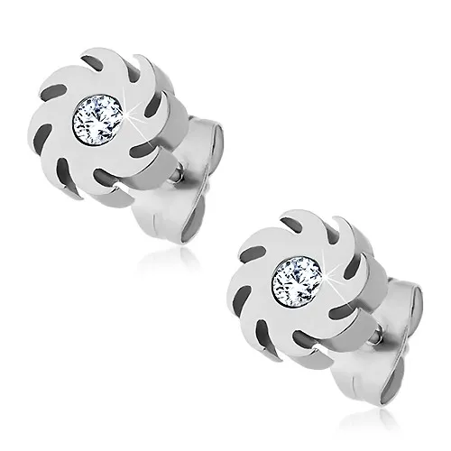 Náušnice z ocele 316L, strieborný odtieň, slnko so zatočenými lúčmi a zirkónom