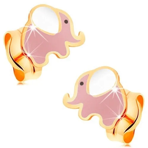 Náušnice zo žltého 14K zlata, glazúrovaný ružovo-biely sloník s čiernym očkom